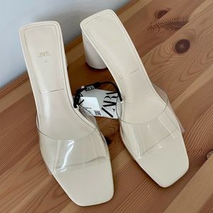 Zara wide heeled vinyl sandals off white